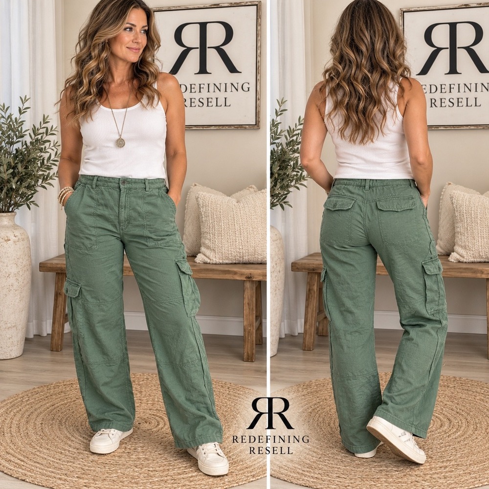Pilcro Sage Green Linen Blend Wide Leg Cargo Pants Size Medium High Rise Utility